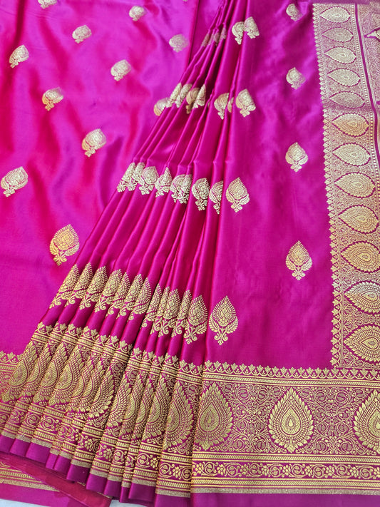 Banarasi Mashru Silk Saree in Rani Pink with Gold Zari Buti & Grand Banarasi Paisley Pallu
