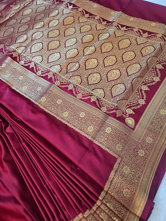Banarasi Mashru Silk Saree in Wine Maroon with Antique Gold Zari Buti & Grand Banarasi Paisley Pallu