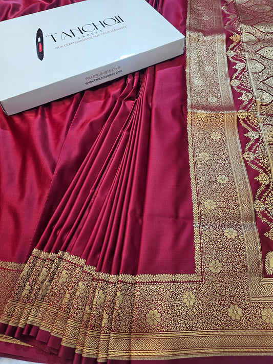 Banarasi Mashru Silk Saree in Wine Maroon with Antique Gold Zari Buti & Grand Banarasi Paisley Pallu
