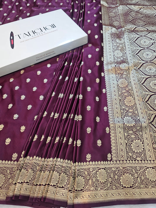 Banarasi Mashru Silk Saree in Deep Wine Purple with Gold Zari Floral Buti & Grand Banarasi Paisley Pallu