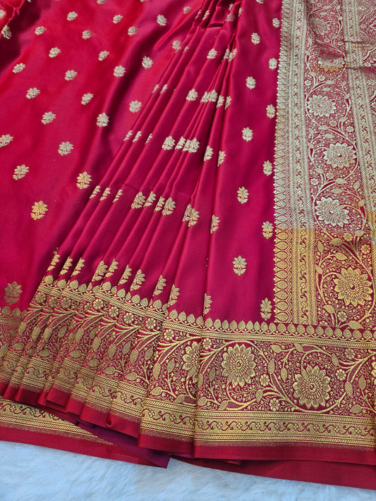 Banarasi Mashru Silk Saree in Red with Gold Zari Buti & Elegant Banarasi Floral Border