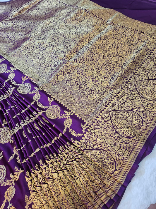 Banarasi Mashru Silk Saree in Royal Purple with Heavy Gold Zari Floral Jaal & Grand Banarasi Border