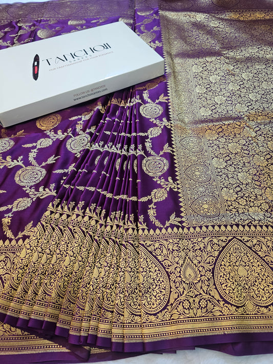 Banarasi Mashru Silk Saree in Royal Purple with Heavy Gold Zari Floral Jaal & Grand Banarasi Border