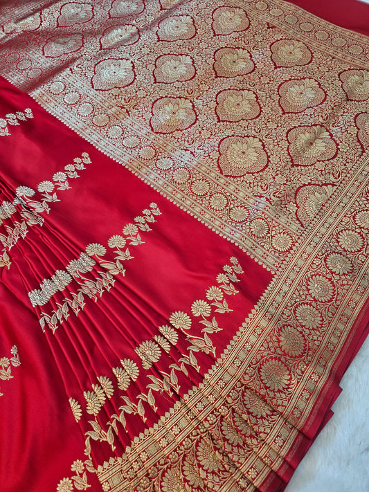 Banarasi Mashru Silk Saree in Classic Red with Gold Zari Floral Butis & Grand Banarasi Pallu