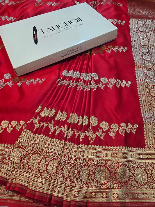 Banarasi Mashru Silk Saree in Classic Red with Gold Zari Floral Butis & Grand Banarasi Pallu