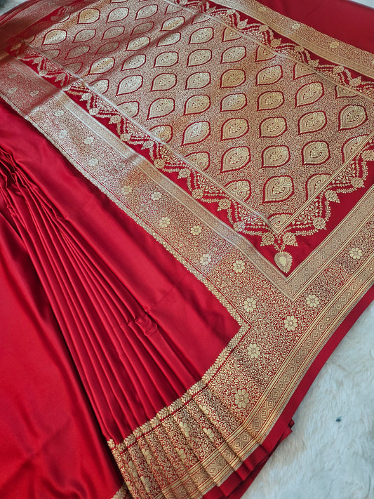 Banarasi Premium Red Mashru Silk Saree with Gold Zari Paisley Banarasi Weaving & Rich Floral Border