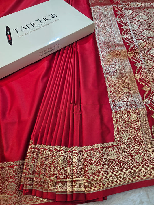Banarasi Premium Red Mashru Silk Saree with Gold Zari Paisley Banarasi Weaving & Rich Floral Border