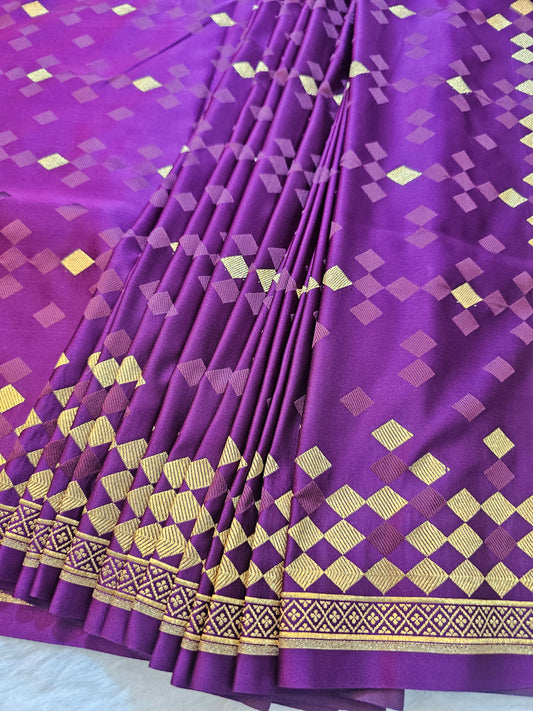 Banarsi Premium Purple Mashru Silk Saree with Geometric Zari Weaving