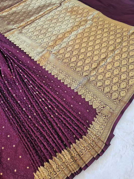Banarasi Premium Wine Purple Mashru Silk Saree with Rich Gold Zari Paisley Weaving