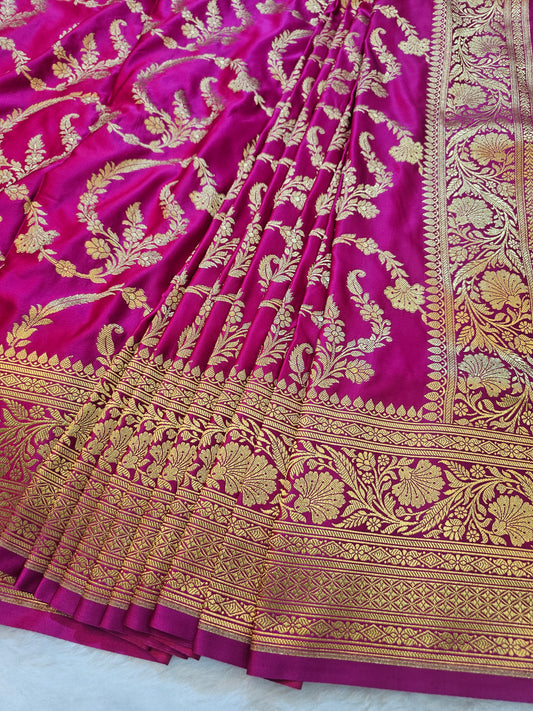 Banarasi Premium Rani Pink Mashru Silk Saree with Antique Gold Floral Zari Weaving