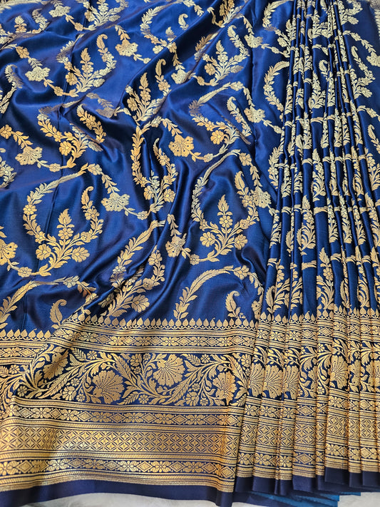 Banarasi Premium Royal Blue Mashru Silk Saree with Antique Gold Floral Zari Weaving