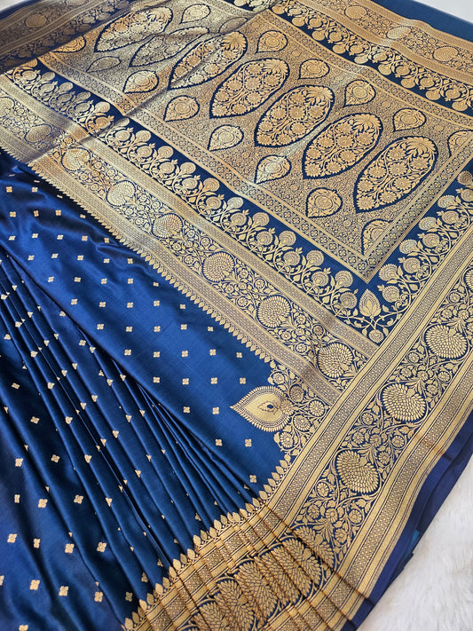 Banarasi Premium Navy Blue Mashru Silk Saree with Antique Gold Zari Floral Border