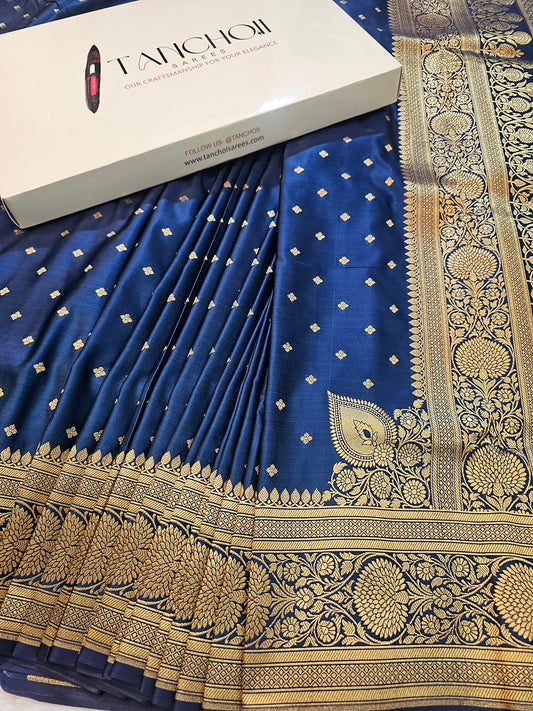 Banarasi Premium Navy Blue Mashru Silk Saree with Antique Gold Zari Floral Border
