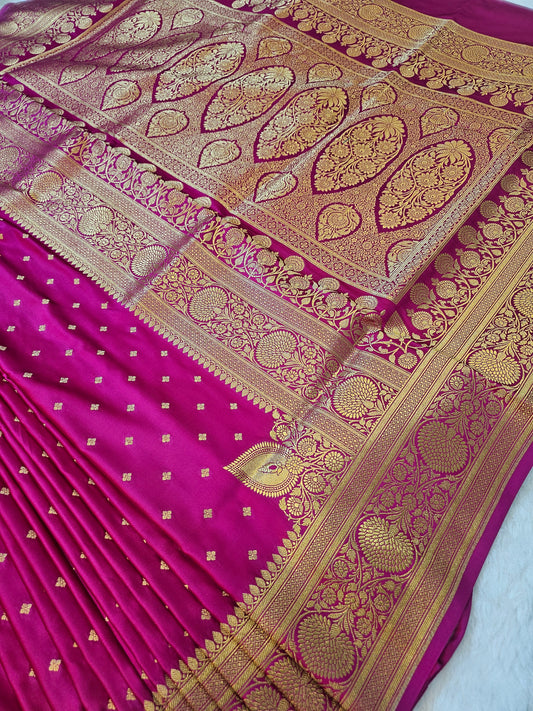 Banarasi Mashru Silk Saree in Rani Pink with Gold Zari Floral Butis & Grand Banarasi Paisley Pallu