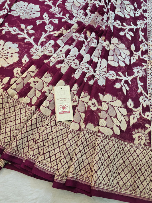 Banarasi Pure Wine Chiffon Khaddi Silk Saree with Silver Zari Floral Weaving & Designer Banarasi Pallu