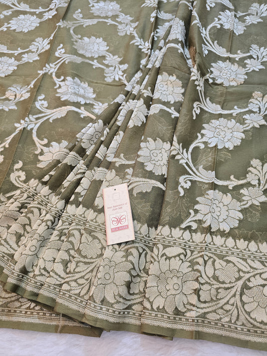 Banarasi Pure Olive Green Chiffon Khaddi Silk Saree with Silver Zari Floral Weaving & Grand Banarasi Pallu