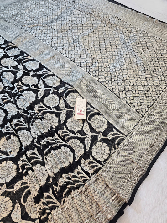 Banarasi Pure Black Chiffon Khaddi Silk Saree with Silver Zari Floral Weaving & Grand Banarasi Pallu