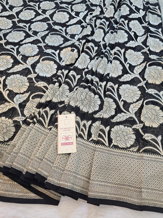 Banarasi Pure Black Chiffon Khaddi Silk Saree with Silver Zari Floral Weaving & Grand Banarasi Pallu