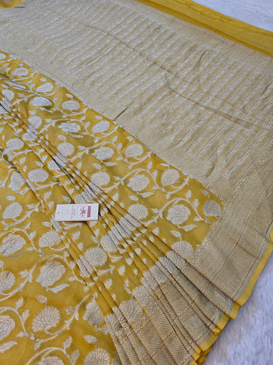 Banarasi Pure Mustard Yellow Chiffon Khaddi Saree with Silver Zari Floral Weaving & Grand Banarasi Pallu