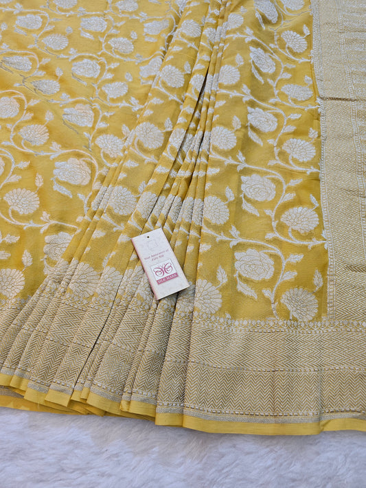 Banarasi Pure Mustard Yellow Chiffon Khaddi Saree with Silver Zari Floral Weaving & Grand Banarasi Pallu