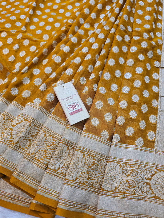 Banarasi Pure Mustard Gold Chiffon Khaddi Saree with Silver Zari Buti & Grand Banarasi Pallu