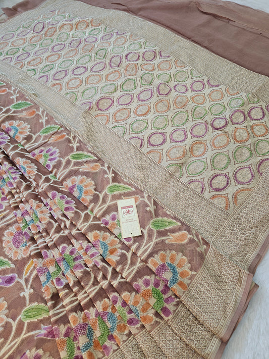 Banarasi Pure Taupe Chiffon Khaddi Saree with Multicolor Meenakari Floral Weaving & Grand Banarasi Pallu