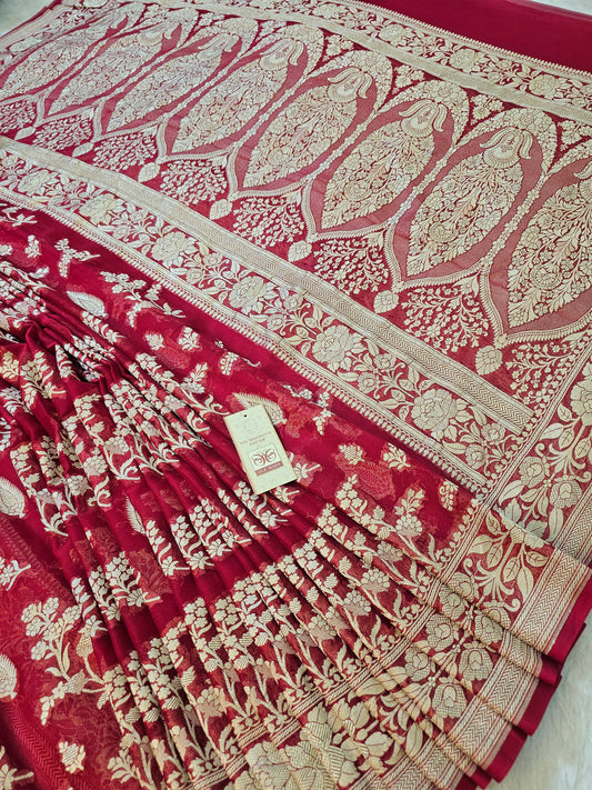 Banarasi Pure Maroon Chiffon Khaddi Saree with Antique Gold Zari Floral Jaal & Grand Banarasi Pallu