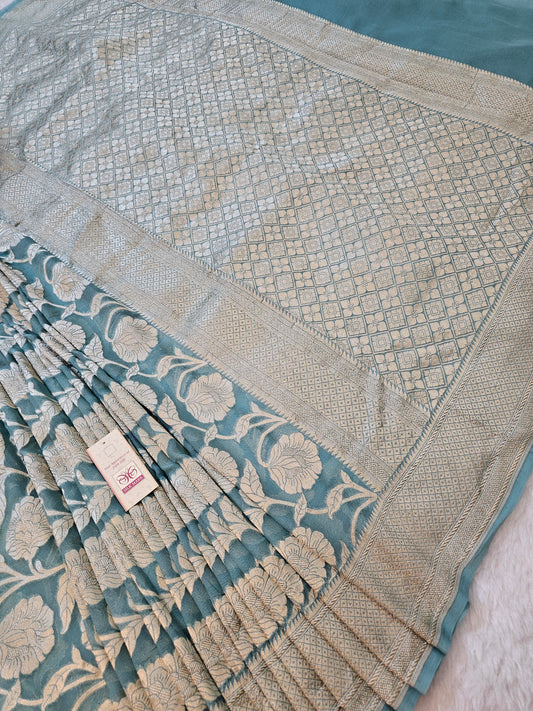 Banarasi Pure Sky Blue Chiffon Khaddi Saree with Silver Zari Floral Border & Rich Banarasi Pallu