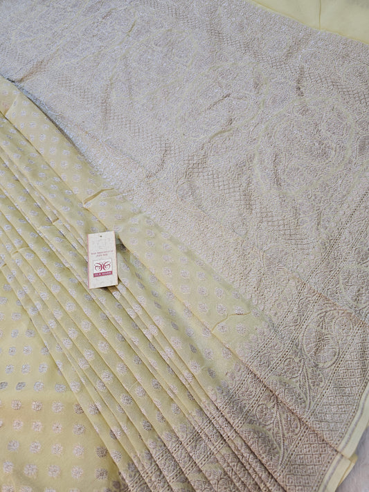 Banarasi Pure Ivory Chiffon Khaddi Saree with Silver Banarasi Zari Buti & Heavy Floral Pallu