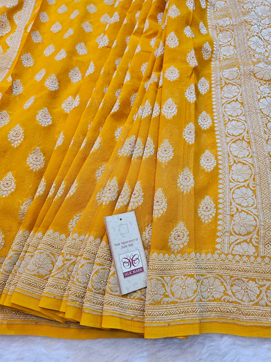Banarasi Pure Mustard Yellow Chiffon Khaddi Saree with Silver Banarasi Zari Buti & Floral Pallu