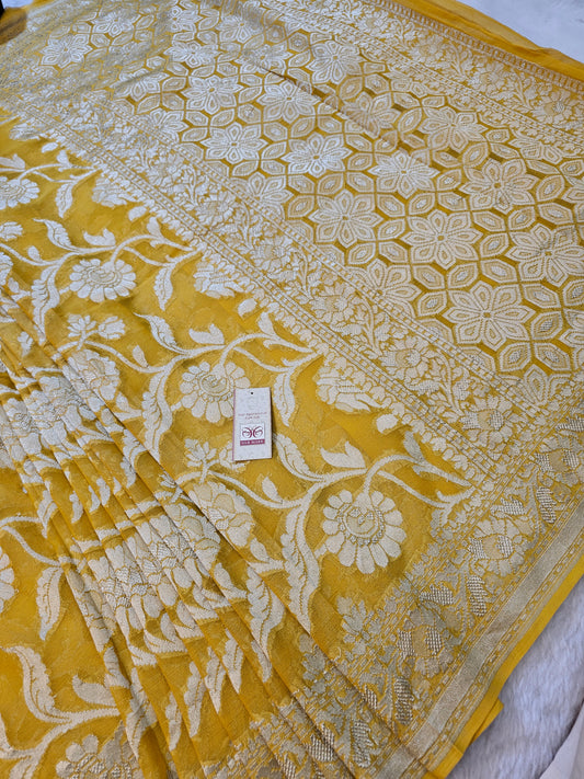 Banarasi Pure Mustard Yellow Chiffon Khaddi Saree with Silver Banarasi Zari Floral Weaving