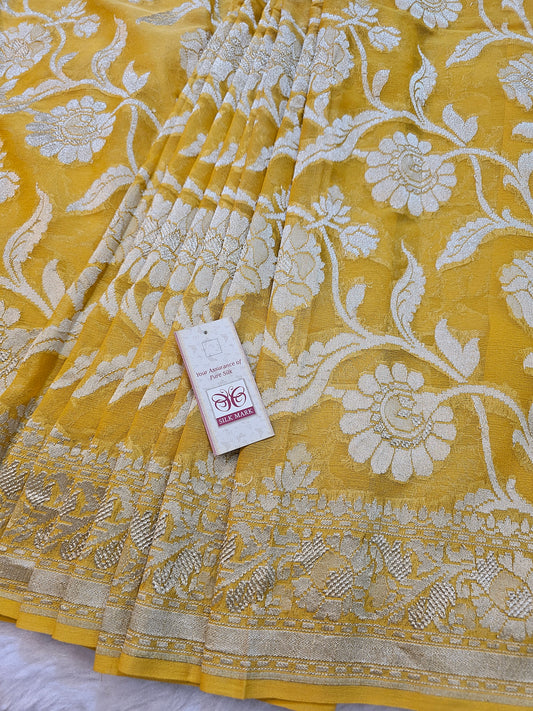 Banarasi Pure Mustard Yellow Chiffon Khaddi Saree with Silver Banarasi Zari Floral Weaving