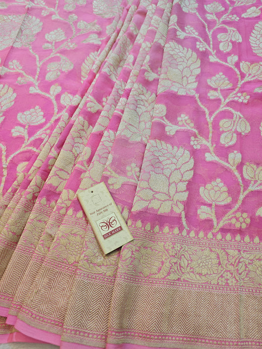 Banarasi Pure Baby Pink Chiffon Khaddi Saree with Gold Banarasi Zari Floral Weaving