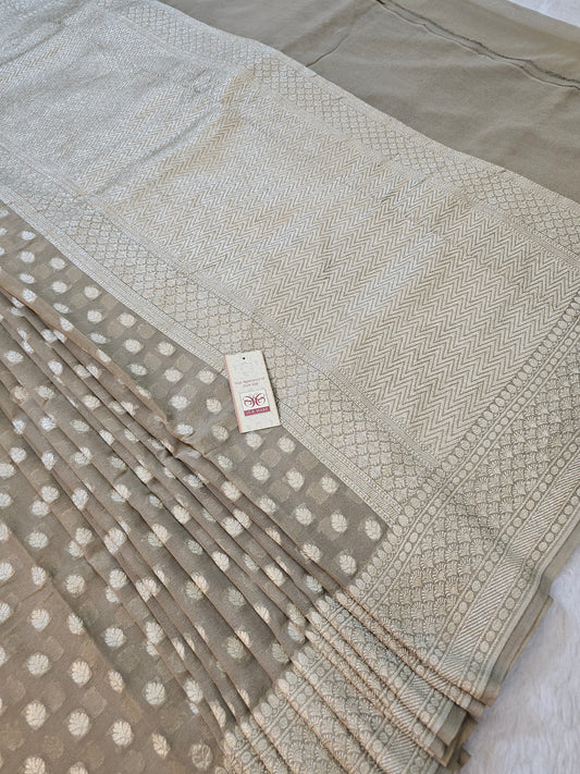 Banarasi Pure Grey Chiffon Khaddi Saree with Silver Banarasi Zari Weaving