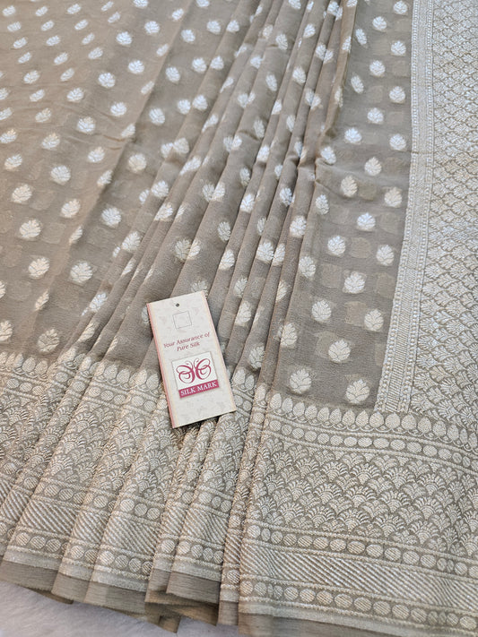 Banarasi Pure Grey Chiffon Khaddi Saree with Silver Banarasi Zari Weaving