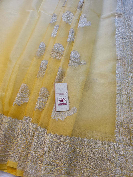 Banarasi Pure Yellow Chiffon Khaddi Saree with Silver Banarasi Zari Weaving