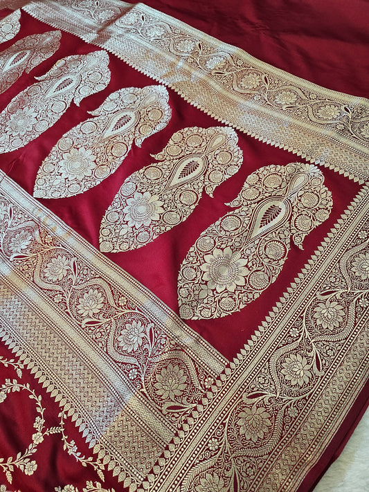 Banarasi Premium Wine Red Mashru Silk Saree with Antique Gold Floral Zari Weaving