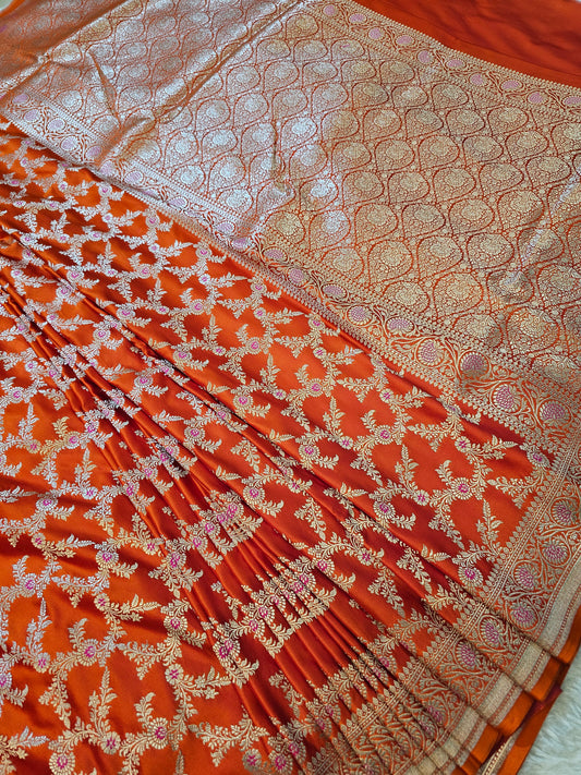 Banarasi Premium Rust Orange Mashru Silk Saree with Antique Gold Zari Floral Jaal Weaving