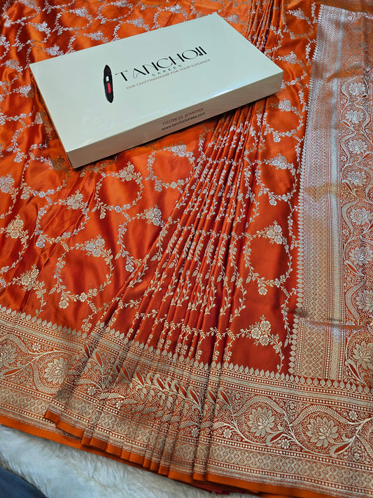 Banarasi Premium Burnt Orange Mashru Silk Saree with Antique Gold Floral Zari Weaving