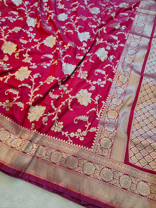 Banarasi Premium Rani Pink Mashru Silk Saree with Antique Gold Floral Zari Weaving
