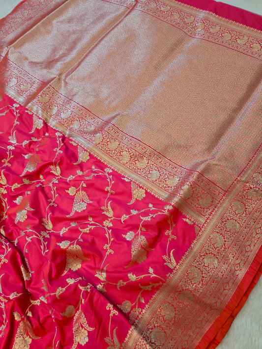 Banarasi Premium Rani Pink Mashru Silk Saree with Antique Gold Floral Zari Weaving & Rich Banarasi Pallu