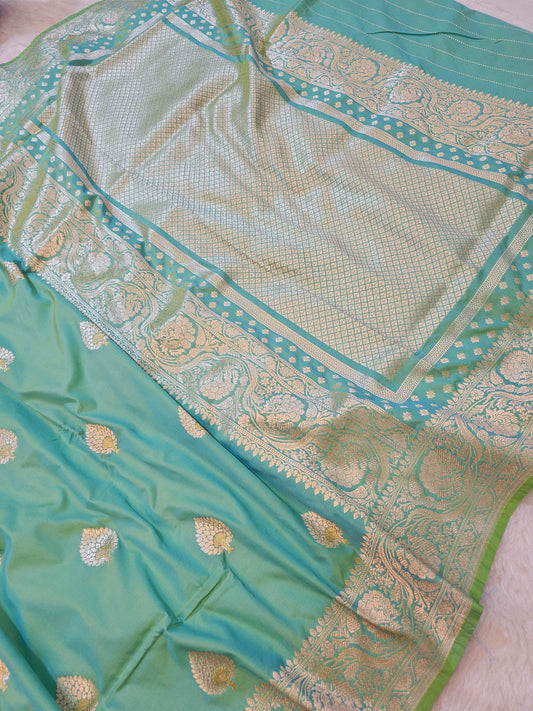 BanarasiPremium Sea Green Mashru Silk Saree with Antique Gold Zari Buti & Banarasi Woven Pallu