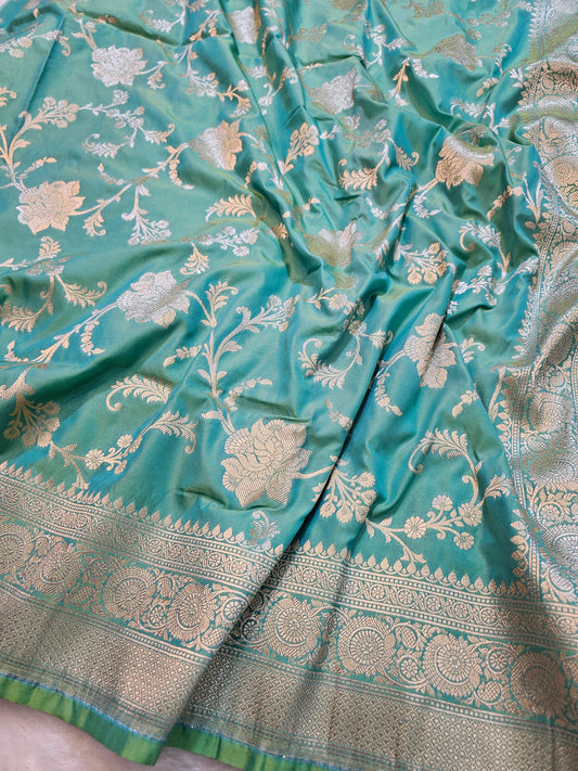 BanarasiPremium Aqua Blue Mashru Silk Saree with Antique Gold Floral Zari Weaving & Banarasi Border