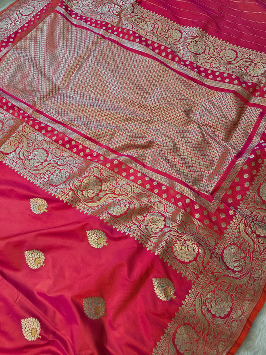 Banarasi Premium Rani Pink Mashru Silk Saree with Antique Gold Zari Buti & Rich Banarasi Border