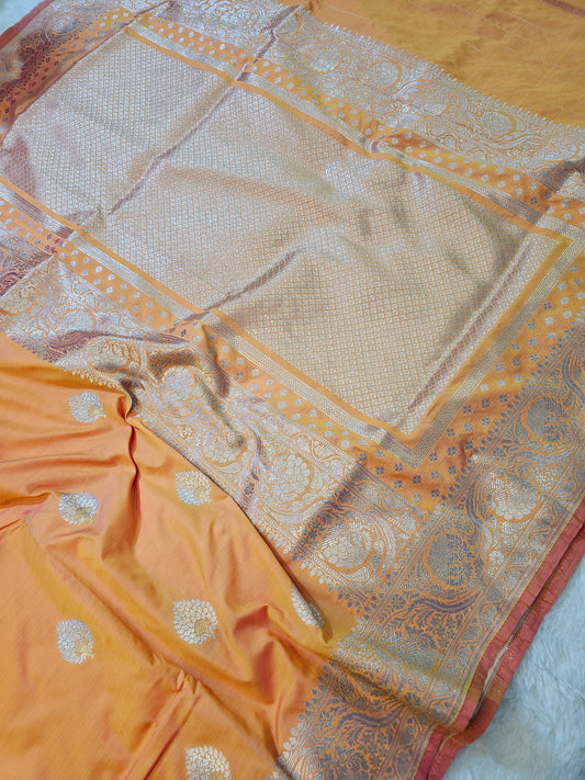 Banarasi Premium Peach Mashru Silk Saree with Antique Silver Zari Buti & Rich Banarasi Woven Pallu