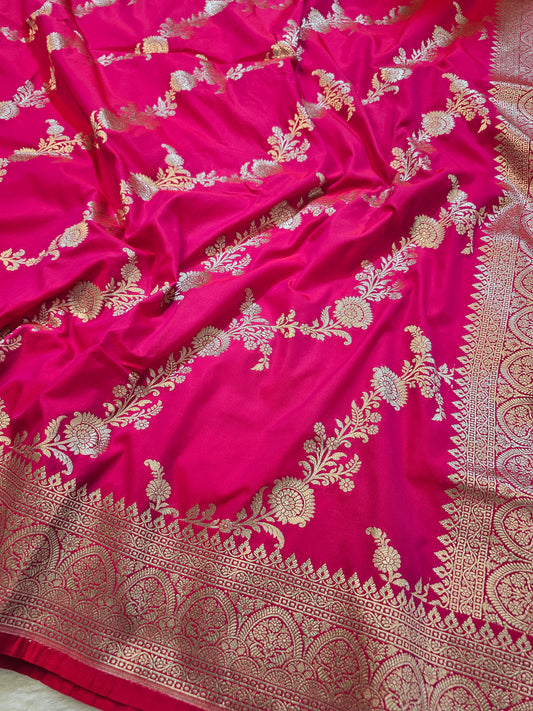 Banarasi Premium Rani Pink Mashru Silk Saree with Antique Gold Floral Zari Weaving & Grand Banarasi Pallu
