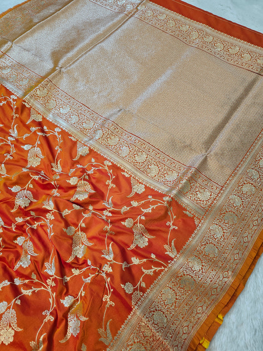 Banarasi Premium Burnt Orange Mashru Silk Saree with Antique Silver Zari Floral Weaving & Rich Banarasi Border