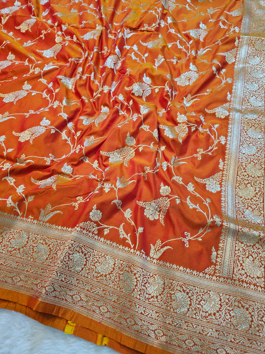 Banarasi Premium Burnt Orange Mashru Silk Saree with Antique Silver Zari Floral Weaving & Rich Banarasi Border