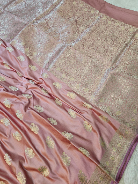 Banarasi Blush Pink Mashru Silk Saree with Gold Zari Floral Butis & Banarasi Border