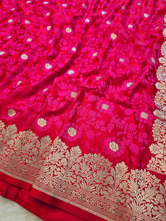 Banarasi Rani Pink Mashru Silk Saree with Gold Zari Floral Weaving & Grand Banarasi Pallu